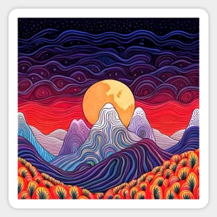 Psychedelic Magical Mountains and Moon Illustration Sticker